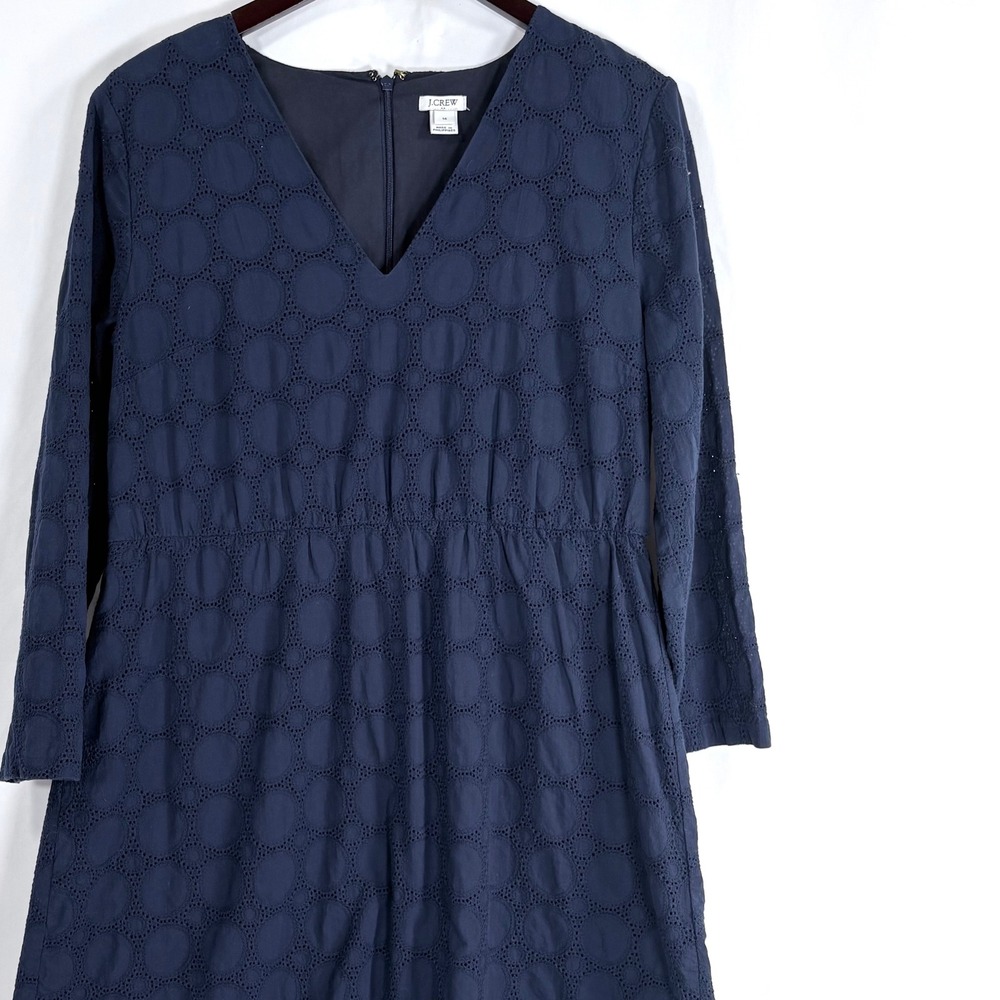 J.Crew Navy Blue Eyelet V-Neck Long Sleeve Scalloped Hem Dress Women 14